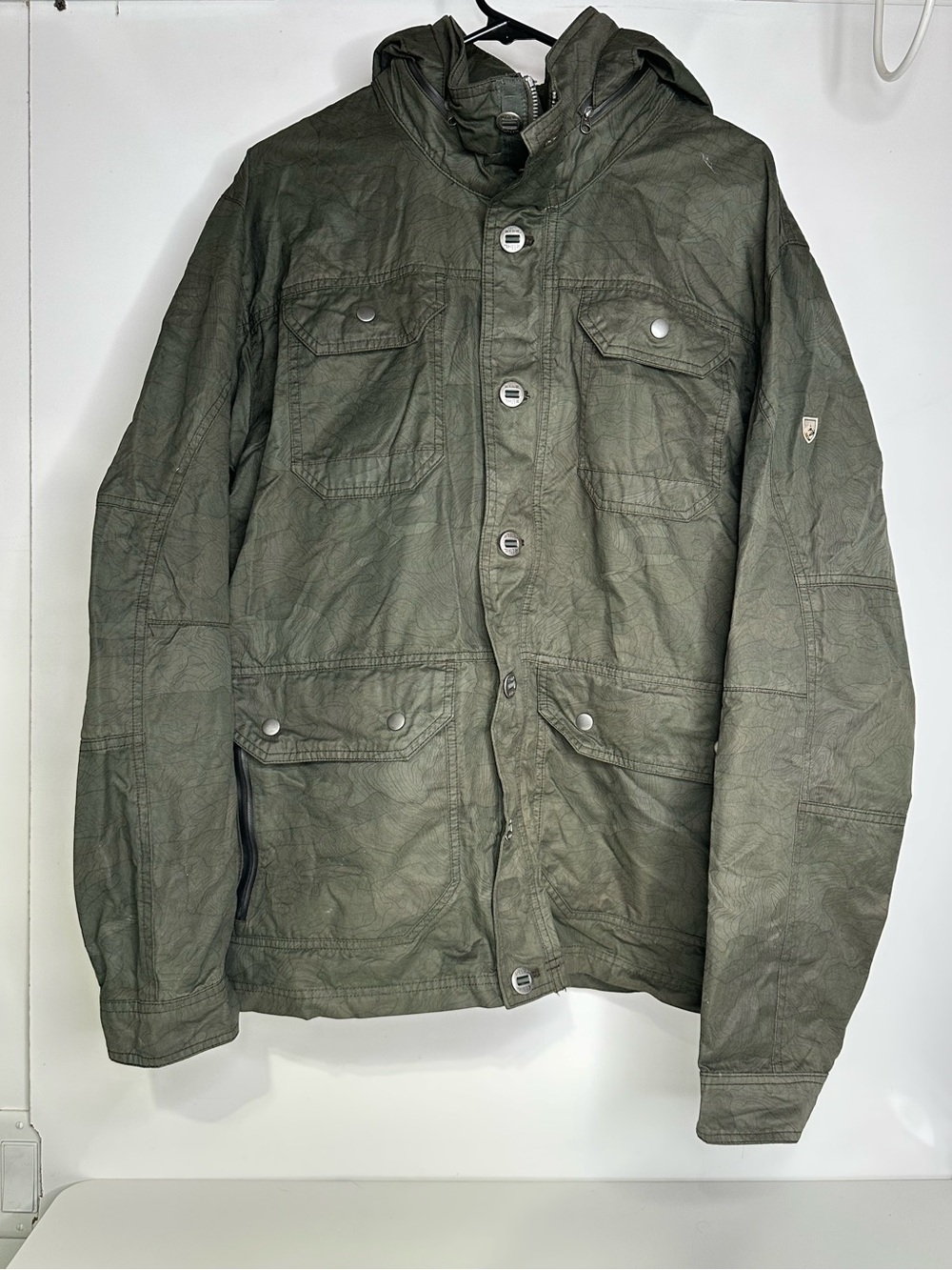 Kuhl Kollusion Field Jacket Mens XL Full-Zip Stowaway Hood Olive Green Camo.